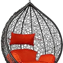 Carry Bird Wicker Rattan Wrought Iron Single Seater Swing Chair Without Stand | Garden & Outdoor Hammock Swing with Cushions for Adults | Red Cushion-Black Swing-picture-51