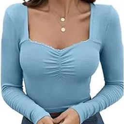 glare & blair Sweetheart Neck Lace Trim Long Sleeve Regular Fit Ribbed Tops for Women-picture-27