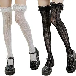 aeenioy 2 Pairs Long Socks for Women, Knee High Socks for Women, Black and White Stockings for Girls, Lace Socks for Lolita Fashion-picture-25