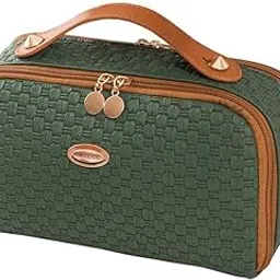 KIYARA MART Women’s Large Capacity Cosmetic Travel Bag – Waterproof Leather Makeup Organizer with Wide Opening, Dividers with Handle (Double Zipper, (Tea Green)-image-46