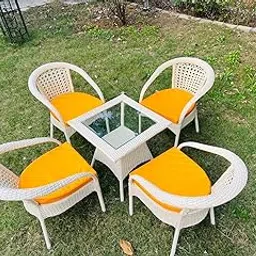 TERRALUXE 4+1 Outdoor Patio Furniture Set,Off White Wicker Chairs with Yellow Cushions, Glass Top Side Table Off White image 1