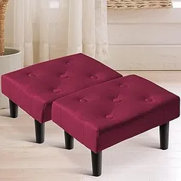 BULKWOOD Set of 2 Small Velvet Soft Foot Rest Footstool Ottoman with 4 Wood Legs, Extra Seating Sofa Footrest for Living Room Entryway- Maroon-picture-40