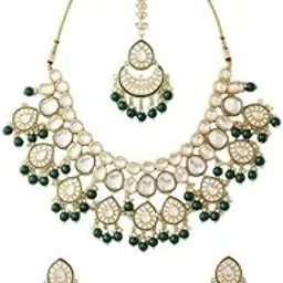 roysa Exquisite Handcrafted Green Kundan Stone | Necklace Set with Gold-Tone Finish, Dangling Beads, and | Matching Maang Tikka and Chandelier Earrings For Women-picture-18
