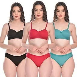 small candy Women�s Cotton Honeymoon Balconette Lightly Padded Bra Panty Set Women Everyday Lingerie Set| Push up Bra Panty Set|Panty Bra Set for Women Pack of 3-picture-13