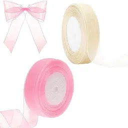 2 Rolls Organza Ribbon Roll, 2.5cm Wide Satin Ribbon for Gift Wrapping, of Sheer Ribbons for Crafts, Wedding Decorations, Party Supplies, Yellow and Pink-picture-33