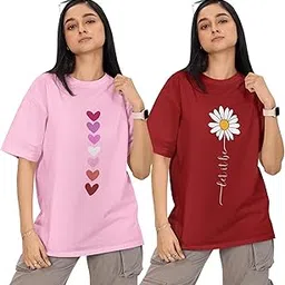 reifica Women 100% Pure Cotton Drop Shoulder Loose Fit Oversized T Shirts (Combo Pack of 2)-picture-24