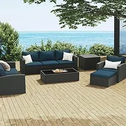 OMCCO 7 Seater Conversation Wicker Sofa Set with Center Table and Side Table, Outdoor Patio Furniture Set with Cushions for Poolside, Garden, Balcony, and Terrace.(Dark Brown and Nevy Blue)-picture-27