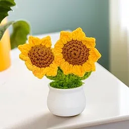 Nostrae by Ekhasa Cute Sunflower Crochet Flowers Pot for Car Dashboard | Knitted Flowers Vase Pot with Flowers for Table, Office, Home Decor | Fabric, Yarn Crochet Flower Bouquet | Crochet Gifts-image-32