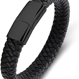 befunky Leather Bracelet for Men Braided Cuff Wristband Stainless Steel Clasp (Black)-picture-20