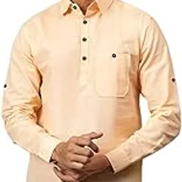 yugnik Men's Full Sleeve Slim Fit Spread Collar Beige Color Pure Cotton Short Kurta-picture-10