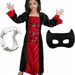 Kaku Fancy Dresses Polyester Scary Halloween Cosplay Red Black Witch Costume Gown With Teeth & Mask Set For Kids image 1