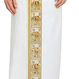 chahat lace Men's Cotton White Dhoti with Gold Zari Border, Elephant Embroidery, Traditional South Indian Kerala Style, 2.25 Meter Length x 48 Inch Width, for Tamil Bengali Punjabi Wear-picture-35