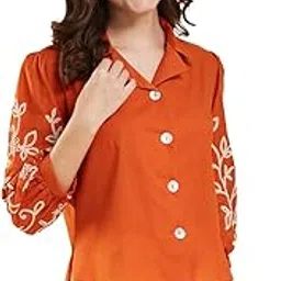 J TURRITOPSIS Women's Cotton Embroidered Shirt (340-01-L_Orange)-picture-20