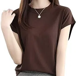 Women's Summer Round Neck Cotton Ice Silk T-Shirt | Loose Fit Soft Short Sleeve Tee | Casual Lightweight Solid Color Top (in, Alpha, Free Size, Regular, Brown)-picture-14