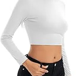 honeyecho Womens Long Sleeve Crop Tops Lightweight Mock Neck Base Layer Shirts, White, X-Large-picture-22