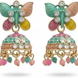 Mahayogi Colorful Butterfly Design Jhumka Earrings for Women & Girls | Enamel Finish Ethnic Earrings with Beads & Stones | Lightweight Traditional Jewellery Gift-picture-53