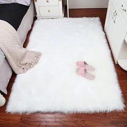 Soft Faux Fur Fluffy Area Rug, Luxury Fuzzy Sheepskin Carpet Rug for Bedroom Living Room, Shaggy Silky Plush Carpet Bedside Rug Floor_MAT (3 feet x 5 feet, White)-picture-25