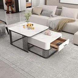 Osome Crafts -Square Coffee Table Set Made by Hand in Iron with a Marble Look Stacking Tea Tables an Elegant Sofa Center Table with a Storage Drawer for The Living Room Free Serving Tray (Black White)-picture-27