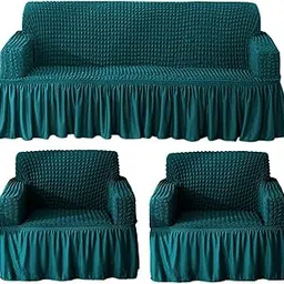 HOKIPO Elastic 3 Seater and 2 Seater Bubble Frill Sofa Cover, Teal (NEW-AR-5255-TL*2 + AR-5257-TL)-image-28