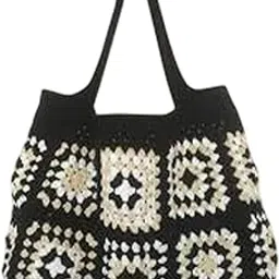 Indian Designer Handicraft Handmade Crochet Handbag | Evil Eye Bag | Granny Square Tole Bag | Crochet Relaxed Fit | Handbag for Women and Girls (Black)-picture-18