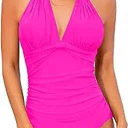 tempt me Halter One Piece Bathing Suits for Women Tummy Control Ruched Sexy Deep V Neck Swimsuits, Hot Pink, X-Small-picture-46