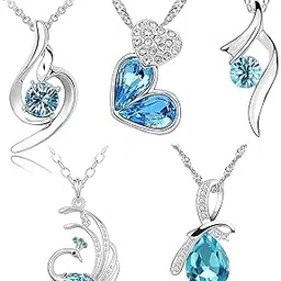Valentine Gift Rhodium Plated Crystal Jewellery Combo Of 5 Designer Pendant Necklace Studded With Blue Crystal Elements For Girls And Women CO1000342-image-34