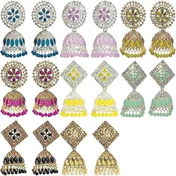 malana merino Beautiful Set Of 8 Jhumka Earrings for Women Multicolor Crystal American Diamond kundan Jhumki for Girls Jewelry Accessories Earring Wedding Earring for Gifts (Pack Of 8 Pair)-picture-23
