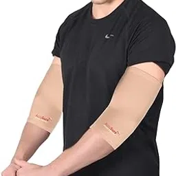 AccuSure Elbow Support Compression Sleeves Pair Instant Arm Brace for Sports, Gym, Joint Pain, Cricket, Tendonitis, Tennis Elbow, Weightlifting, Pain Relief for Men and Women | Beige (L)-image-1