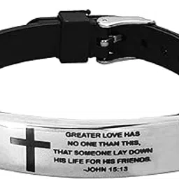 Crusifix Cross The Lord Is My Shepiieerd (psalm 23) Silver And Black Stainlees Steel And Selecone Bracelet For Men And women-image-56
