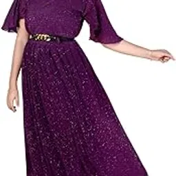 Elegant Purple Glitter Evening Gown, Flutter Sleeve Maxi Dress with Belt, Formal-picture-36