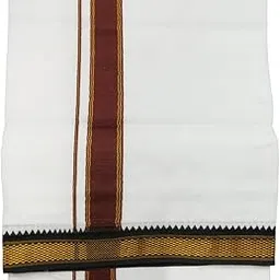 nithish fashions Traditional Kerala Dhoti with Maroon and Gold Border, Temple Collection Mayil Kann Design, White Cotton-picture-27