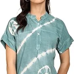 maaesa Women Casual Sky Blue Rayon Slub Tie & Dye Mandarin Short Sleeves Regular Fit Top | Lightweight & Breathable | Casual & Office Wear-picture-36