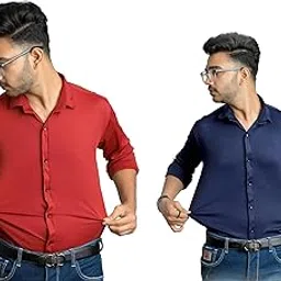 almora Men’s Combo Regular Fit Solid Soft Lycra Full Sleeve Stretchable Spread Shirt (Pack of 2)-picture-12