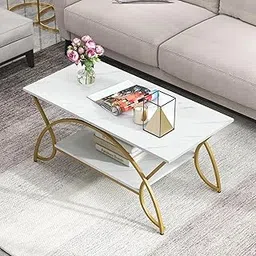 LIVINGLOOM Rectangular Modern Coffee Tables Modern Nightstand and Accent Tables Stacking Side Table Center Tables for Living Room Bed Room MDF Top Iron Frame TableTea Table (Golden White)-image-47