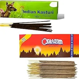 Pack of 2 (45g Indian kasturi & 80g Shivam Sticks) Premium Agarbattis Incense Sticks for Daily Rituals, Extra Freshness, Home Temple Worship, Spiritual Growth, Purification, Atmosphere Positive Energy image 1