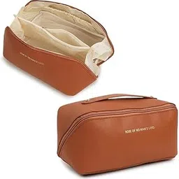 The Stitch Tale Women’s Makeup Large Capacity Cosmetic Travel Bag – Waterproof Leather Makeup Organizer with Wide Opening, Dividers with Handle (Cross Open) (Brown)-image-44