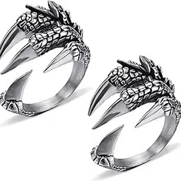 (Set Of 2 Pcs) Unisex Trending Stylish Silver Color Stainless Steel Adjustable/Openable Funky Dragon Eagle/Vulture Claw Thumb Finger Ring (Free Size)-picture-37