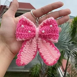 satyaraj creations Handmade Crochet Bow Keychain with Pearl Beads, Pink, Decorative Accessory-picture-40