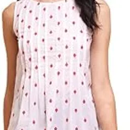 pink fort Women's Cotton Sleeveless Pintuck Top - White & Red-picture-34