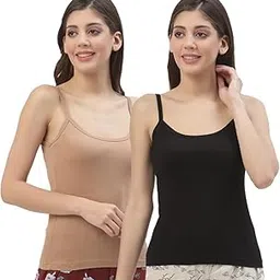 floret Women's Cotton Scoop-Neck Sleeveless Camisole Slip Non-Adjustbale Straps Spaghetti (Pack of 2) Magenta & Peach-picture-28
