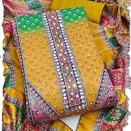 leeza store Women’s Chinon Pakistani Pattern Dress Material with Swarovski Diamond Motifs | Unstitched Salwar Suit with Solid Santoon Bottom & Printed Chinon Dupatta-picture-53