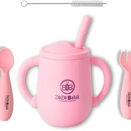 ZoZoBaa Silicone Drinking Training Sippy Cup/Glass with Straw, Lid, Easy Grip Handles & Spoon Fork Set for Feeding Toddlers | Spill Proof, Unbreakable 3 in 1 Cup for Kids/Baby 120ML, Light Pink-picture-19