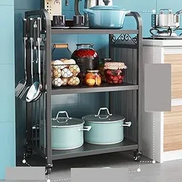 INDIAN DECOR. 45456 Classic Storage Cart 3 Tier Kitchen Microwave Oven Storage Rack Mobile Organizer Storage Cart Serving Trolley Storage Shelf Trolley with Locking Wheels for Kitchen Storage Black-image-12