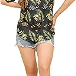 Womens Casual Shirt Soft Beach Shirts Floral Tropic Print V Neck T-Shirt Short Sleeve Button Up Tops-image-101