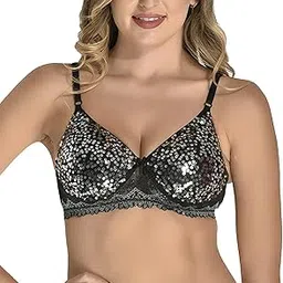 styfun Women Cotton 4-Way Lycra Embellished Net Padded Bra Non-Wired Full Coverage Push up Everyday Pack of 1 Black Cup- B-picture-14