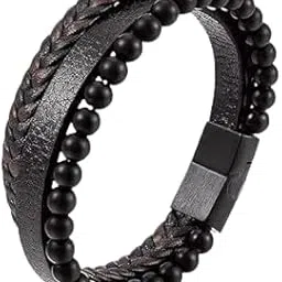 meenaz Bracelet for Men Black Leather Bracelet for boys Magnetic-Clasp Leather Mens Beads Bracelet Evil eye Bracelets for Men Stylish Combo Silver Stainless Steel Birthday Gift Anniversary Husband 664-picture-37