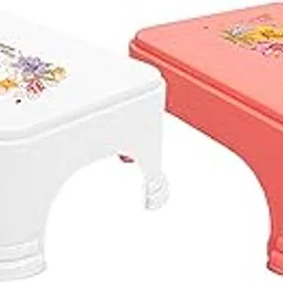 Homestic Floral Print 2 Pieces Plastic Bathroom Stool, Pink & White-picture-12