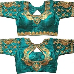 pujia mills Women's Multicolor Phantom Silk Water Drop Back Neck Peacock Embroidery Stone Work Sleeves Readymade Saree Blouse (Murari Blouse_Rama_38 Size+Margin)-picture-35