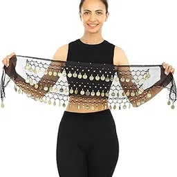 Women's Chiffon Belly Dance Hip Scarf Waistband Belt Skirt with 128 Ringy Golden Coins-image-4