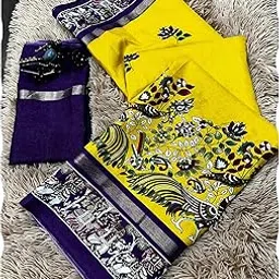 peachmode Yellow Kalamkari Printed Pure Mulmul Cotton Saree for Women-picture-24